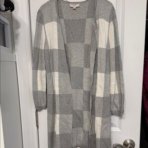 LOFT Gray and White Plaid Open-Front Cardigan
